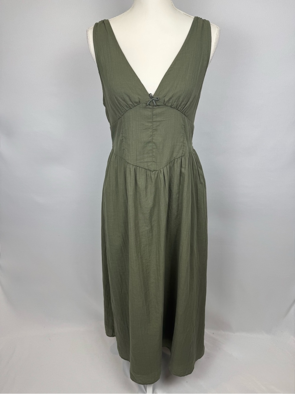 American Eagle V-Neck Corset Midi Dress Sundress Olive Green Pockets Medium - Picture 2 of 10